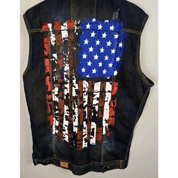 Copper Washed Upcycled Denim Mens Vest 2XL PATRIOTIC AMERICAN FLAG MOTO STEAMPUN